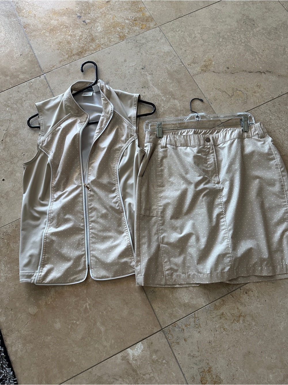 Beige Zip Front pocket Vest with white Dot Print and matching skort.